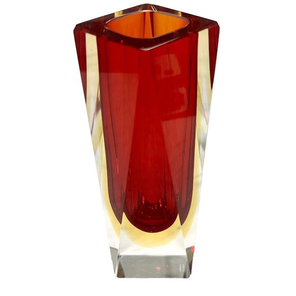 Murano Red Yellow Clear Sommerso Vase Triangular Multifaceted 6.25" H Signed - Picture 4 of 10